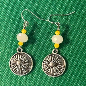 Daughter Daisies White and Yellow Beads Silver Tone French Hook Pierced Earrings